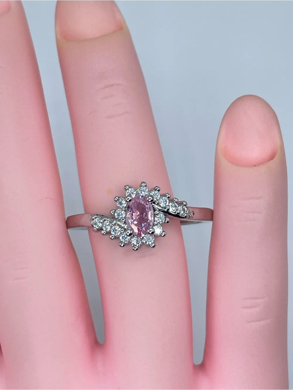 Swarovski Crystal Elements Pink Oval Cut Crystal Halo Dainty Ring Sz 10
